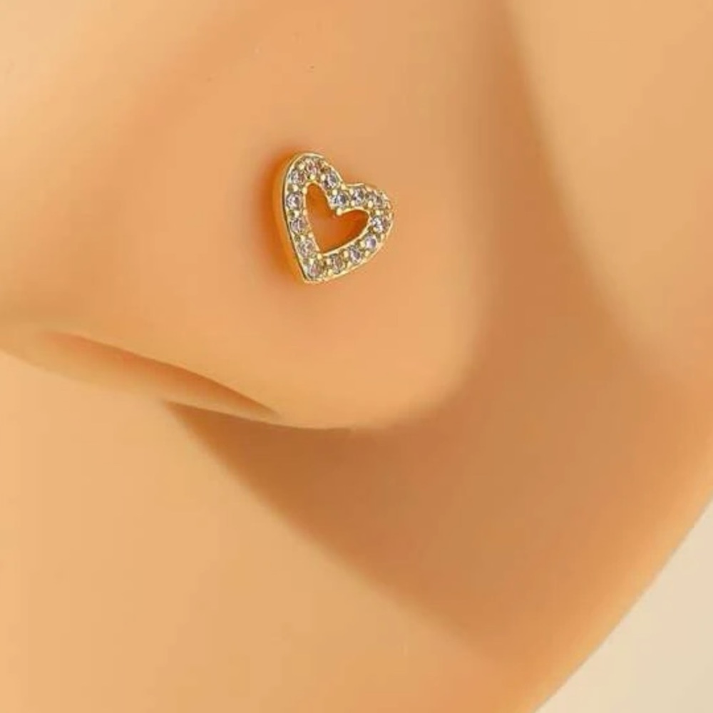 Gold Rhinestone Heart Decor Nose Stud Unisex Fashion Punk Body Piercing Jewelry